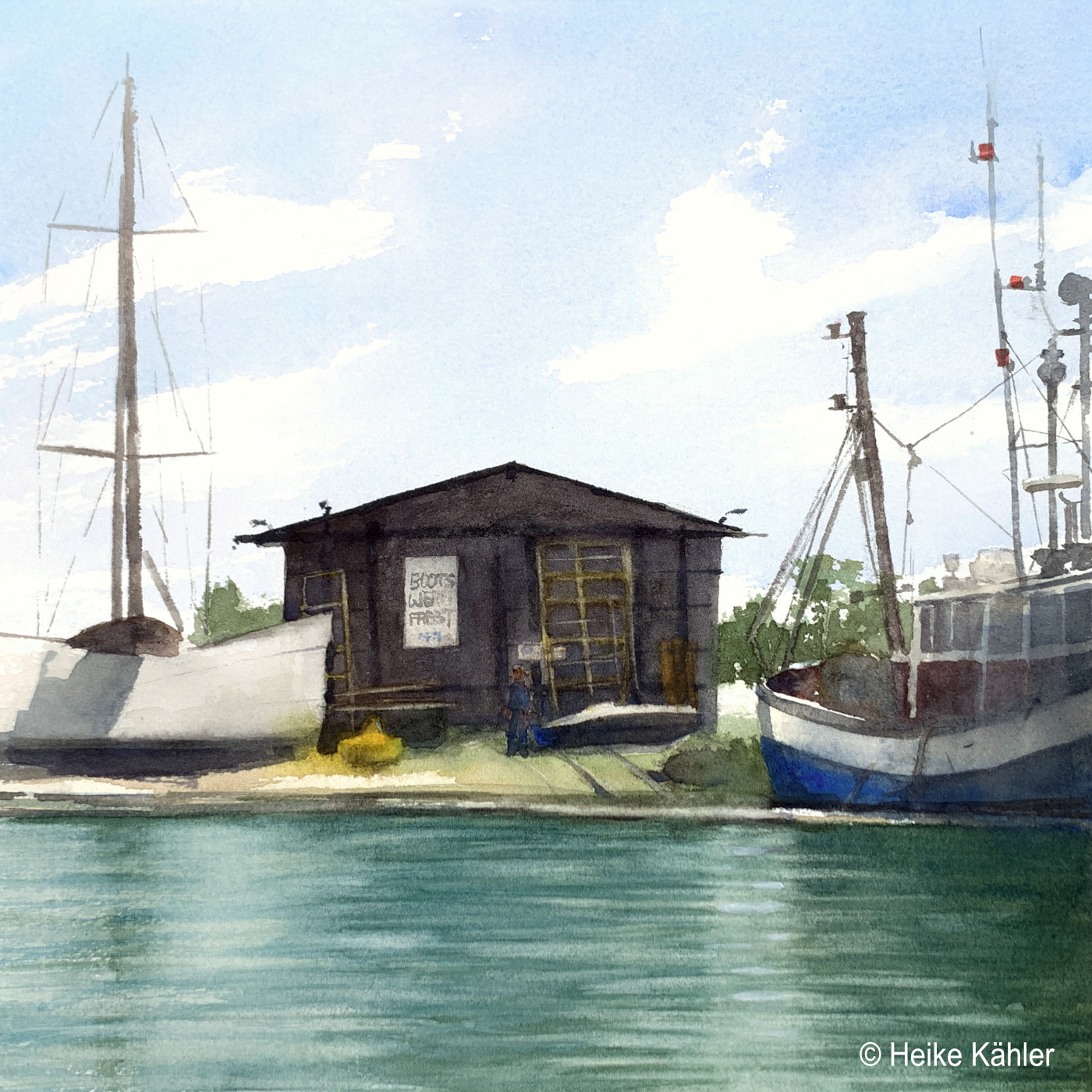 Bootswerft in Freest, Motivgröße 26,5 cm x 26,5 cm, Aquarell, Heike Kähler