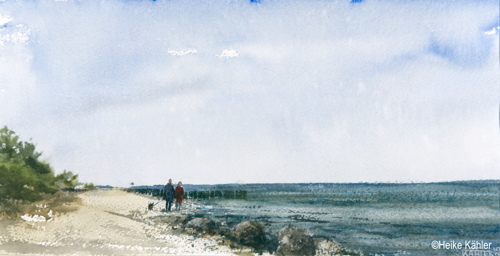 Heike Kähler, Aquarell, Am Hundestrand, 09.05.2025, Motivgröße 21 x 41 cm