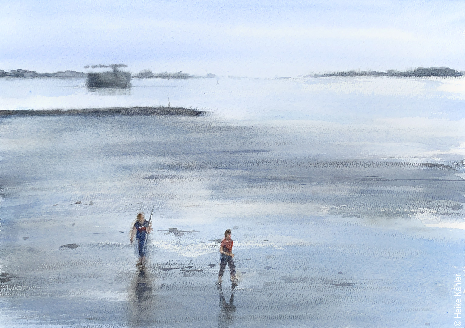 Zwei Wattwanderer zur blauen Stunde, Elbe bei Brokdorf, Motivgröße 21,5 cm x 30,5 cm. Aquarell, Heike Kähler
