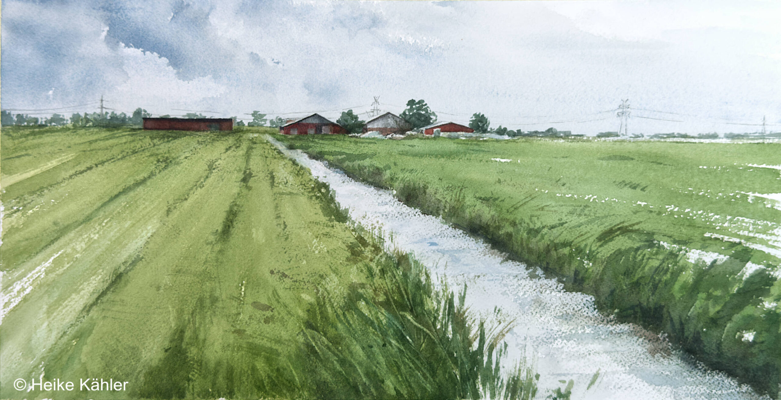 Aquarell Einsamer Hof - Neue Zeit von Heike Kähler, Aquarell auf Büttenpapier 21 x 41 cm