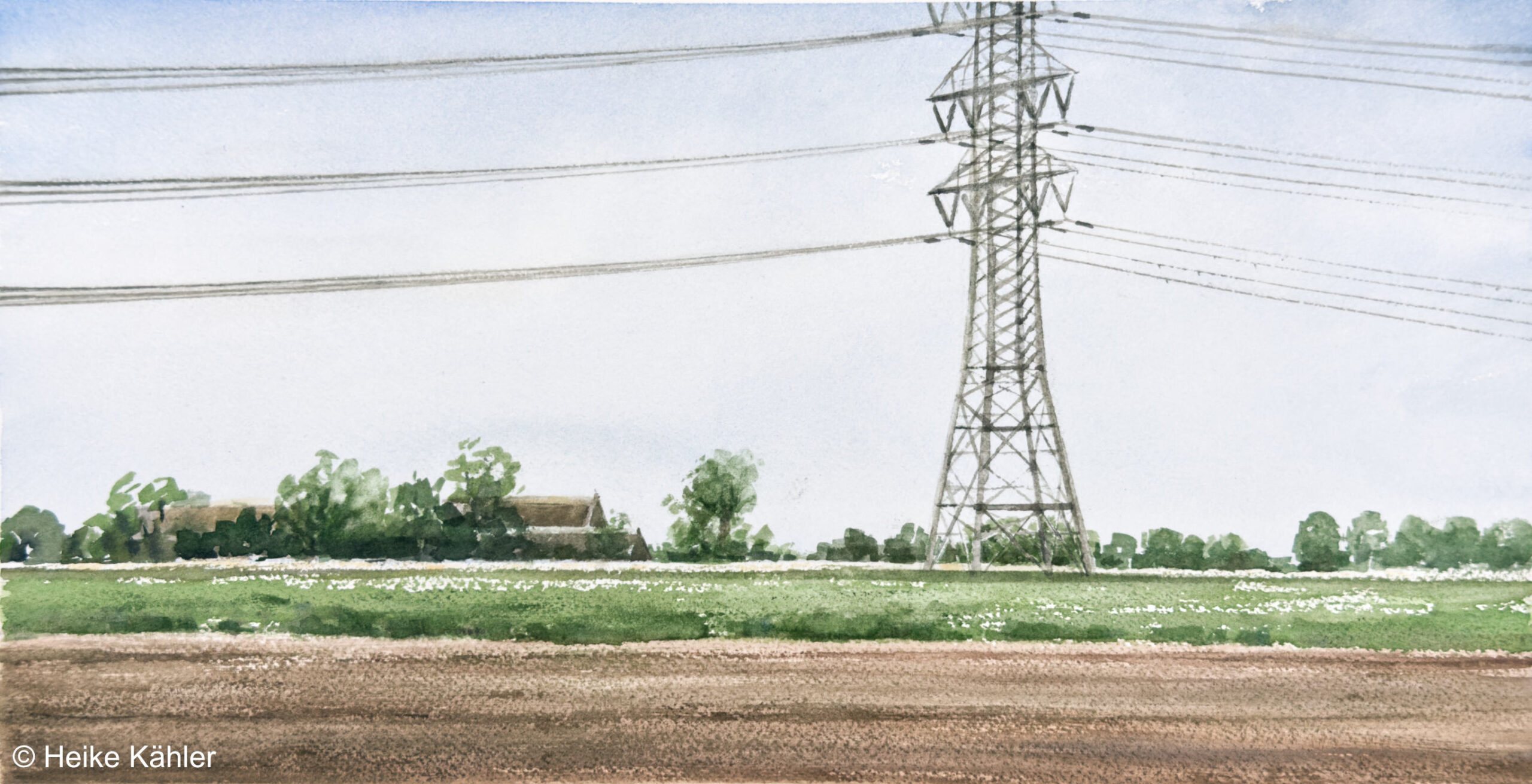 Aquarell Einsamer Hof - Parallel zum Strom, von Heike Kähler, Aquarell auf Büttenpapier 21 x 41 cm