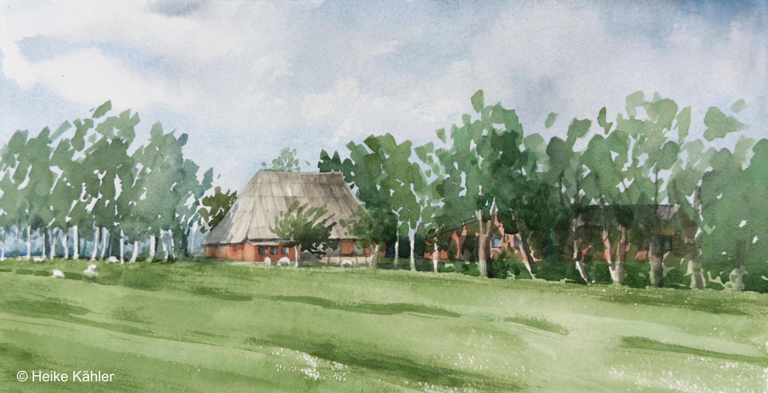 Aquarell Einsamer Hof - Überdauert von Heike Kähler, Aquarell auf Büttenpapier 21 x 41 cm