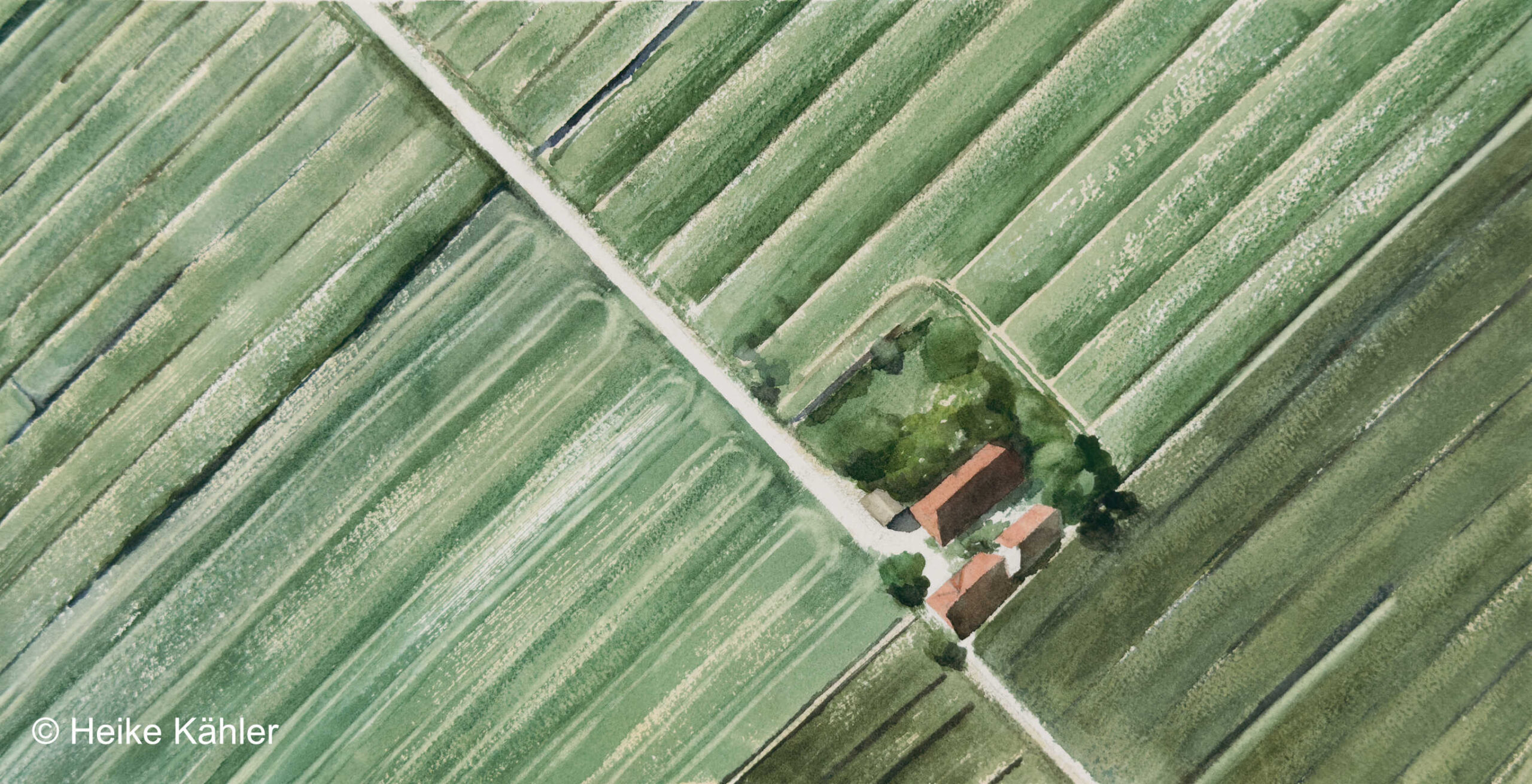 Aquarell Einsamer Hof - Satellit von Heike Kähler, Aquarell auf Büttenpapier 21 x 41 cm