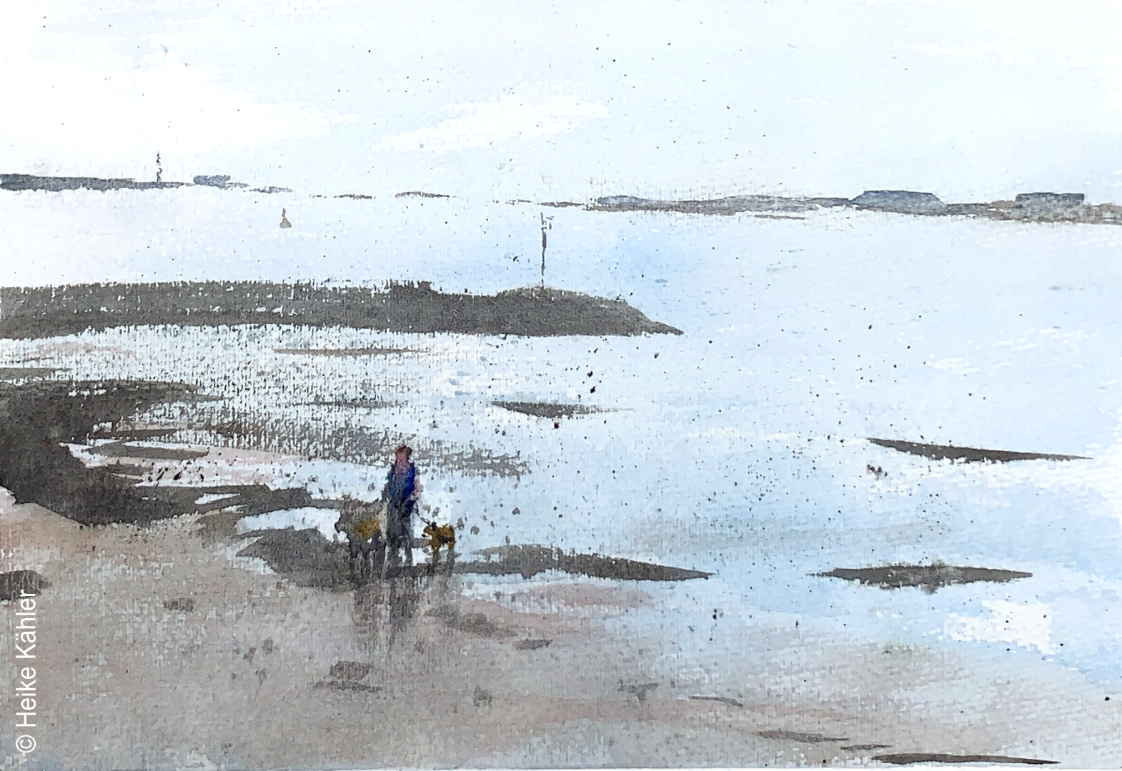 Blaue Stunde am Elbstrand, Elbe bei Brokdorf, Motivgröße 14,5 cm x 21 cm, Aquarell, Heike Kähler