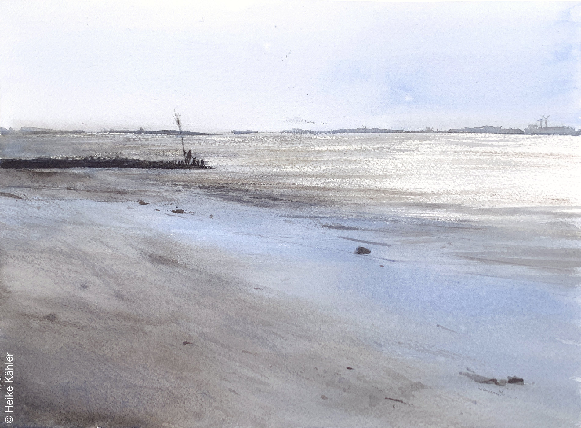 Ebbe am Elbstrand, Motivgröße 25,5 x 34,5 cm, Aquarell, Heike Kähler
