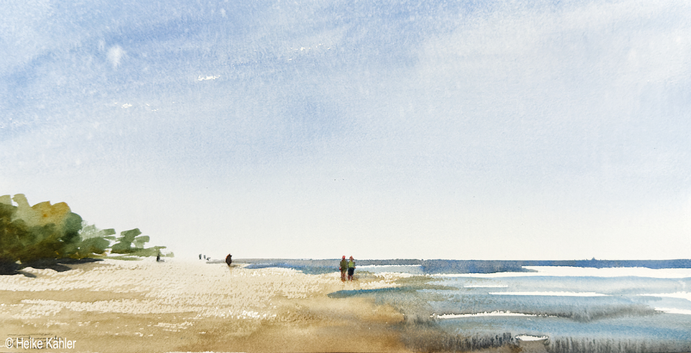 Heike Kähler, Aquarell, Weiter Strand, Plein Air 09.05.2025, Motivgröße 21 x 41 cm