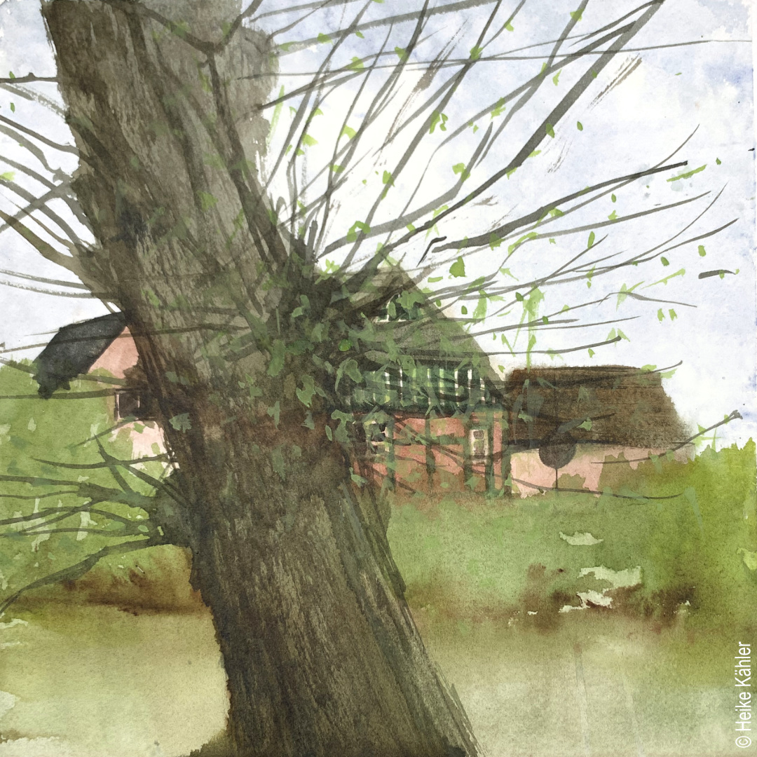 Aquarell, Weide am Stördeich in Heiligenstedten, PleinAir am 27.04.2024, Heike Kähler