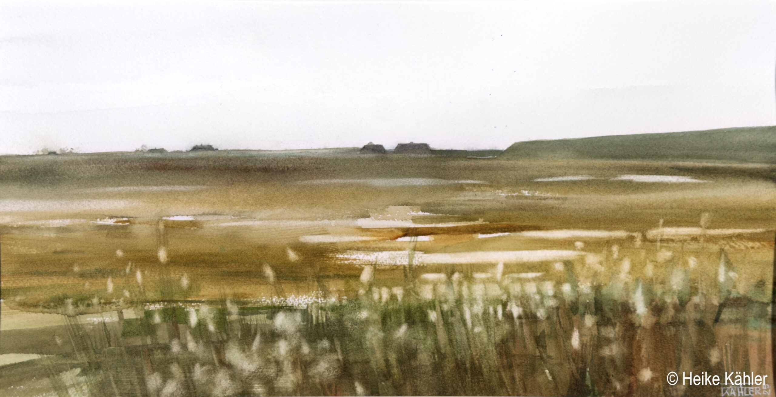 Heike Kähler, Nordfriesland, 2025, Aquarell auf Büttenpapier, Motivgröße 21 x 40 cm
