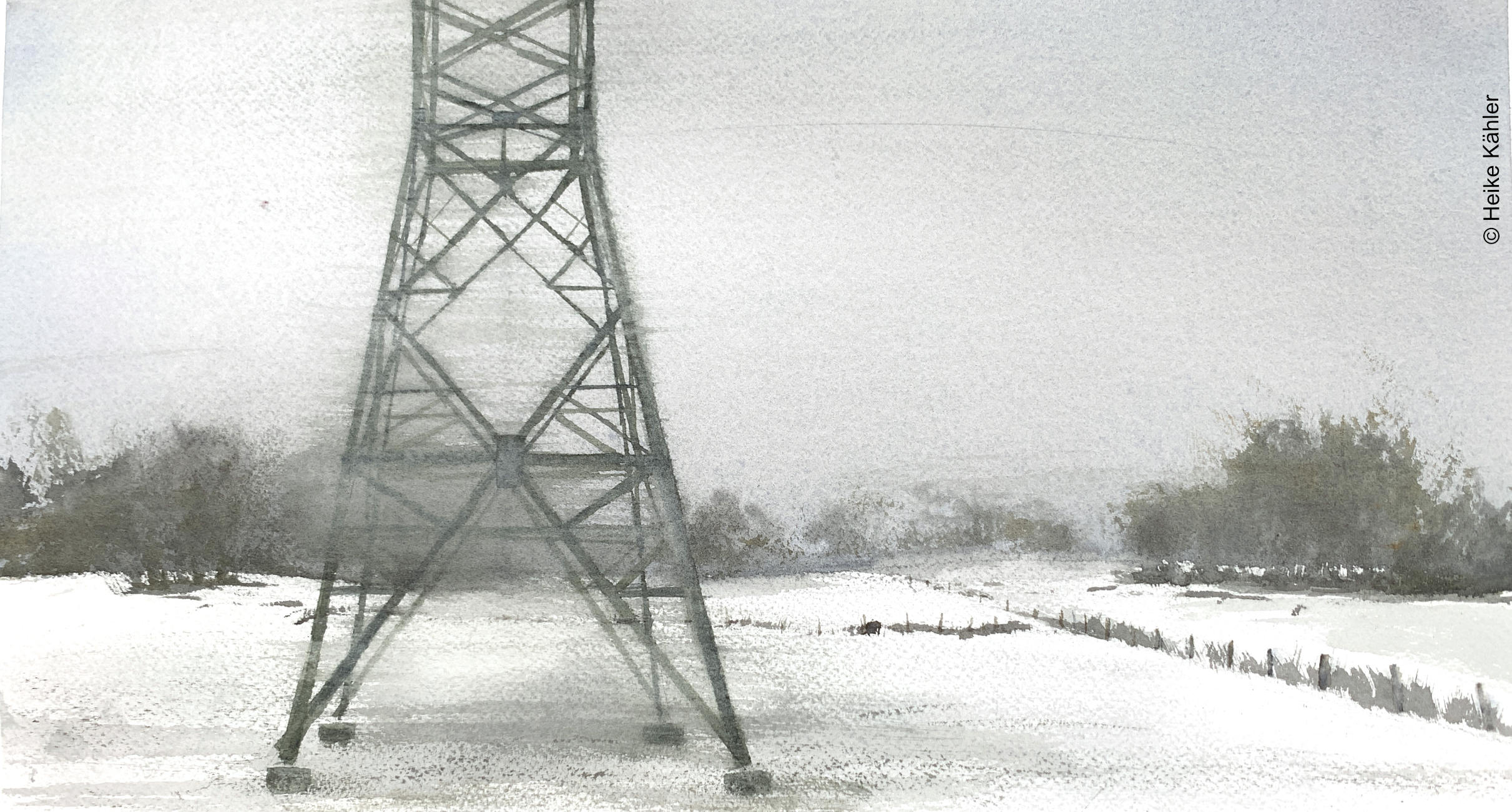 Vorbeigefahren - Winterlandschaft mit Strommast an der A23 bei Sparrieshoop, Motivgröße 22 cm x 41 cm, Aquarell, Heike Kähler